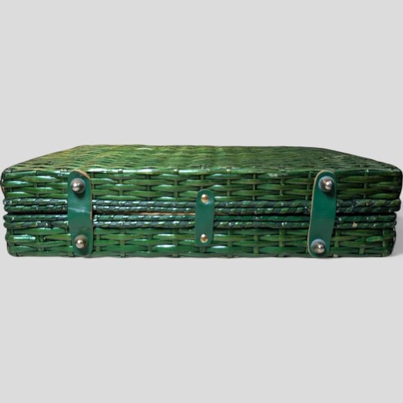 Vintage Green Wicker Rattan Satchel Briefcase Purse Bamboo Handle  14"X10" MCM - Picture 4 of 16
